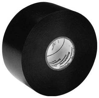 Eine große Rolle schwarzes Isolierband mit einem sichtbaren Etikett in der Mitte, das häufig zum Isolieren von Drähten und anderen elektrischen Anwendungen verwendet wird.