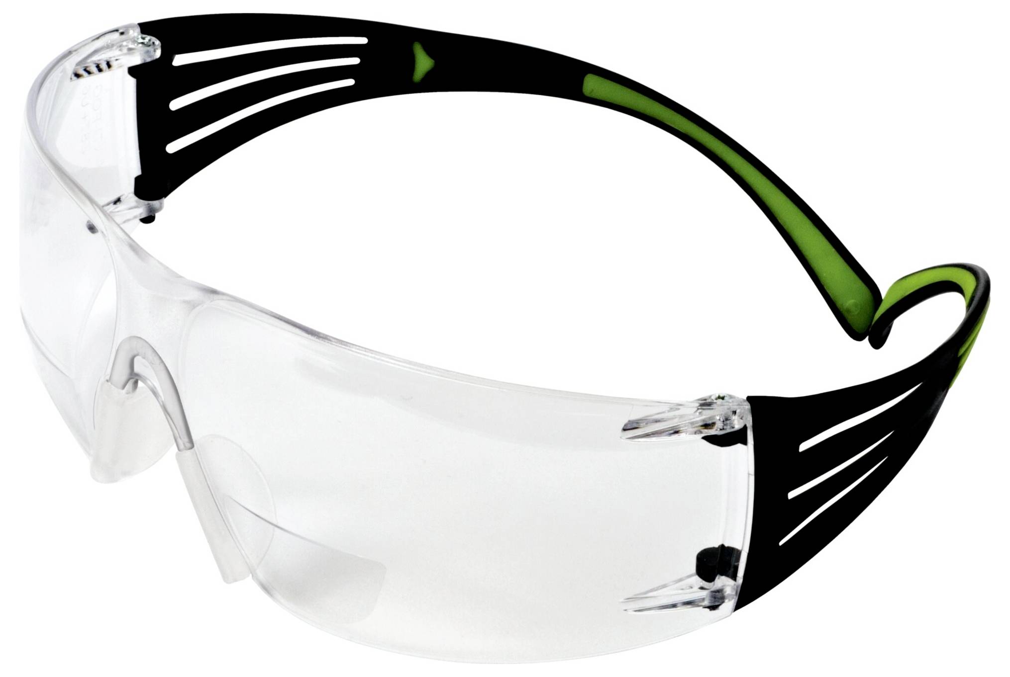 Klare Schutzbrille mit schwarzen und grünen Bügeln, konzipiert für Augenschutz.