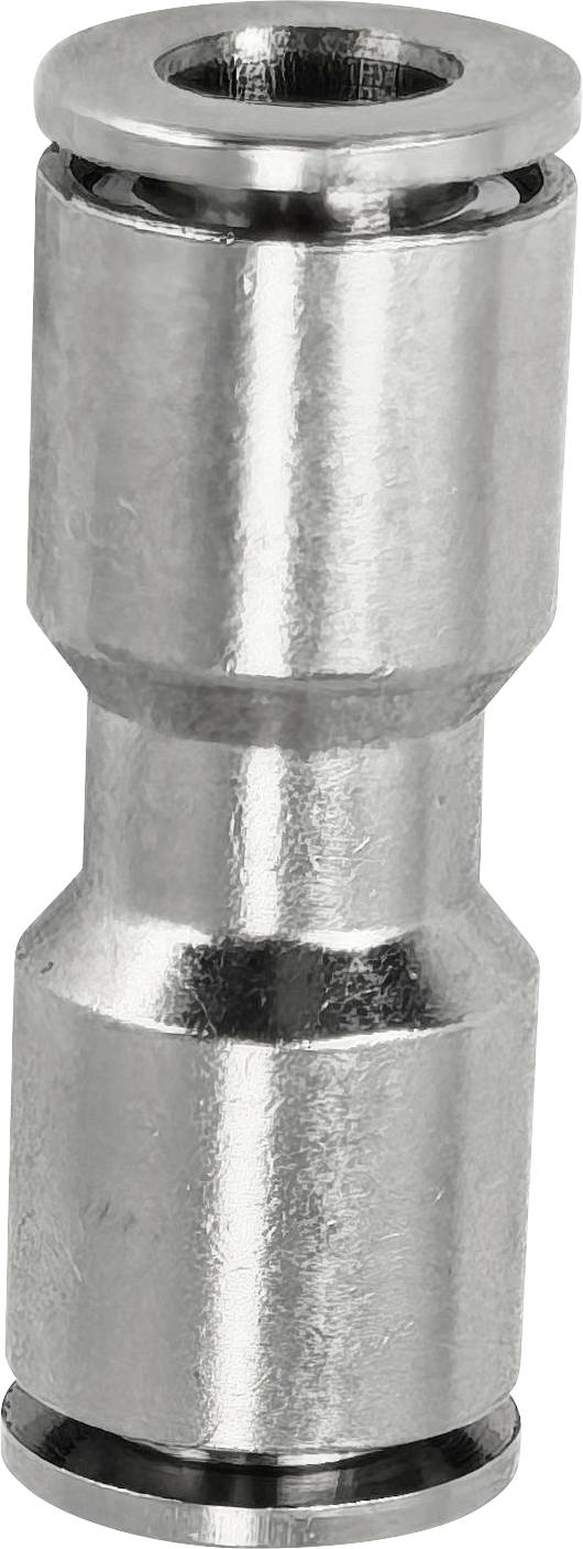 Nahaufnahme eines glänzenden metallischen zylindrischen Steckers oder Abstandshalters mit ausgestellten Enden, gezeigt vor einem einfachen weißen Hintergrund.