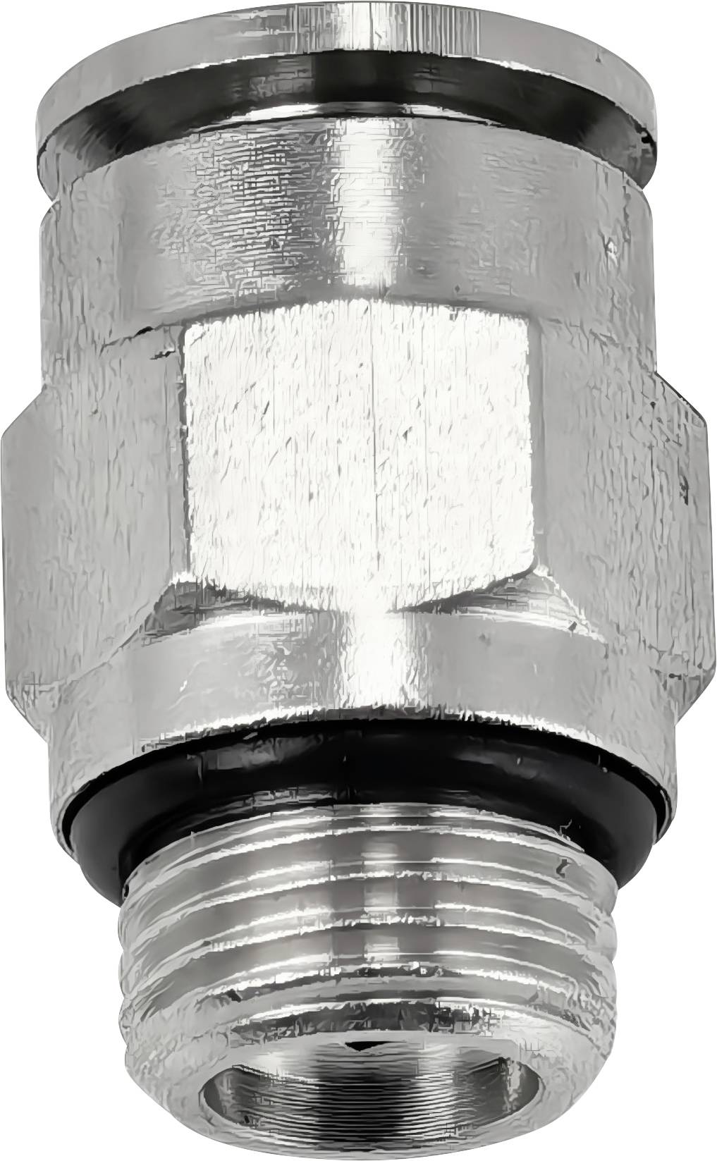 Nahaufnahme eines Metall-Gewinde-Rohrverschraubungsadapters mit sechskantigem Körper und Außen- und Innengewinde.