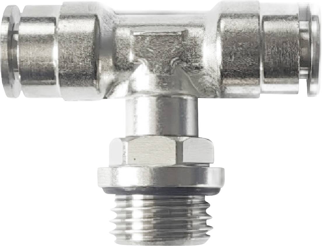 Metall-T-Stück-Rohrverbinder mit Gewinde unten und zwei seitlichen Druckstutzen auf weißem Hintergrund.