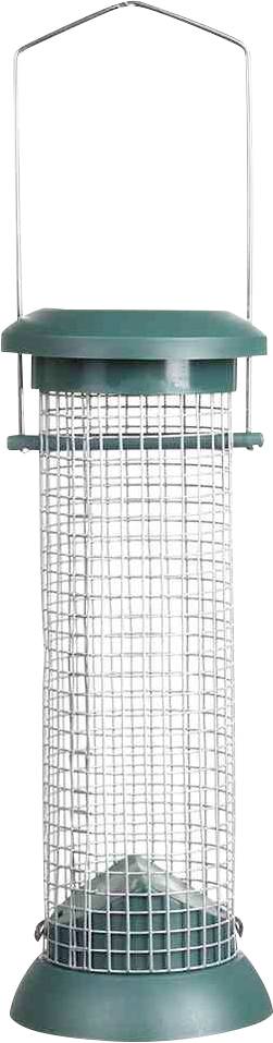 Ein grüner Metallvogelzufütterungsapparat mit Maschendrahtdesign und oberer Griffvorrichtung, verwendet zum Halten von Vogelfutter.