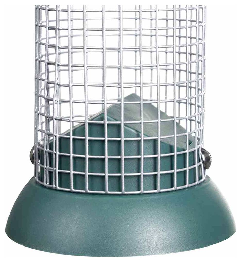 Ein Vogelhaus aus Metall mit einem Schutzgitter und grüner Basis, das für die Aufbewahrung von Saatgut ausgelegt ist.