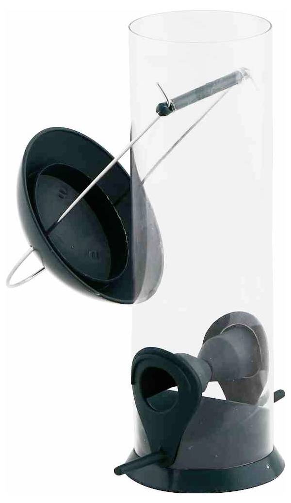 Ein transparenter, zylindrischer Vogelfutterhaus mit dunkelgrünem Deckel und Sockel, ausgestattet mit zwei Futterports und Sitzstangen für Vögel.