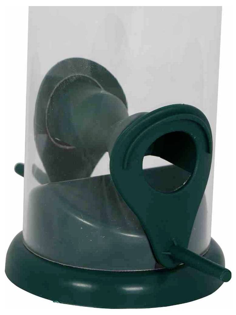 Kunststoff-Vogelfutterhaus mit einer grünen Stange und einer runden Öffnung an der Seite für den Vogelzugang.