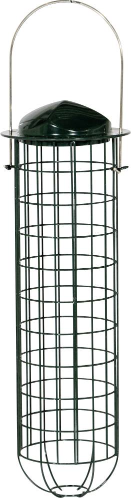 Ein hohes, dunkelgrünes Metallfutterhaus für Vögel mit einem Drahtgitterdesign und einem gekrümmten Griff oben zum Aufhängen.