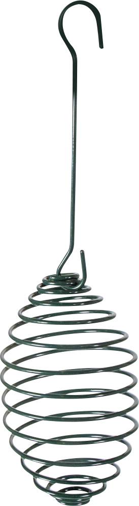 Ein dunkelgrüner spiralförmiger Metallhalter mit einem Haken oben, entwickelt um einen Ball oder ein Objekt zu halten, wahrscheinlich zur Dekoration oder Lagerung verwendet.