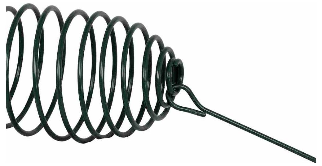 Ein Nahaufnahmebild einer fest aufgewickelten schwarzen Metallfeder mit einem Hakenenende, möglicherweise für mechanische oder industrielle Anwendungen verwendet.