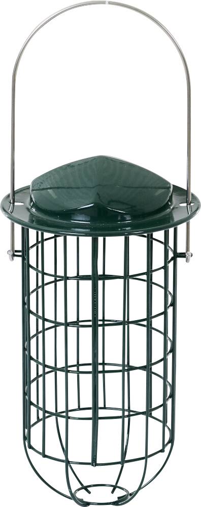 Vogelfutterhäuschen aus Metall mit grünem Drahtgitter und Schlaufengriff, entworfen zum Halten von Samen für Vögel.