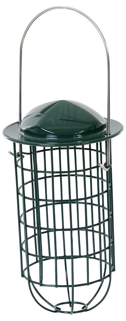 Ein grüner Metallfutterspender für Vögel mit zylindrischem Drahtgeflecht-Design und gewölbtem Dach, ausgestattet mit einem Griff zum Aufhängen.