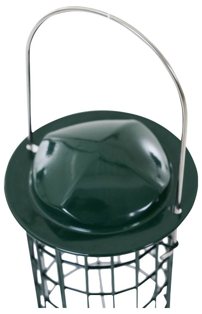 Ein grüner Vogelfutterplatz mit metallischem Griff, konzipiert um Samen durch eine gitterartige Struktur auszugeben.