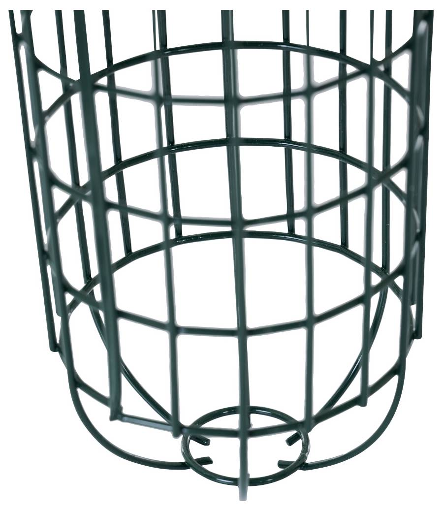 Ein zylindrischer Metallkäfig mit gleichmäßig verteilten vertikalen und horizontalen Stangen, möglicherweise zur Unterstützung von Pflanzen oder zur Lagerung verwendet.