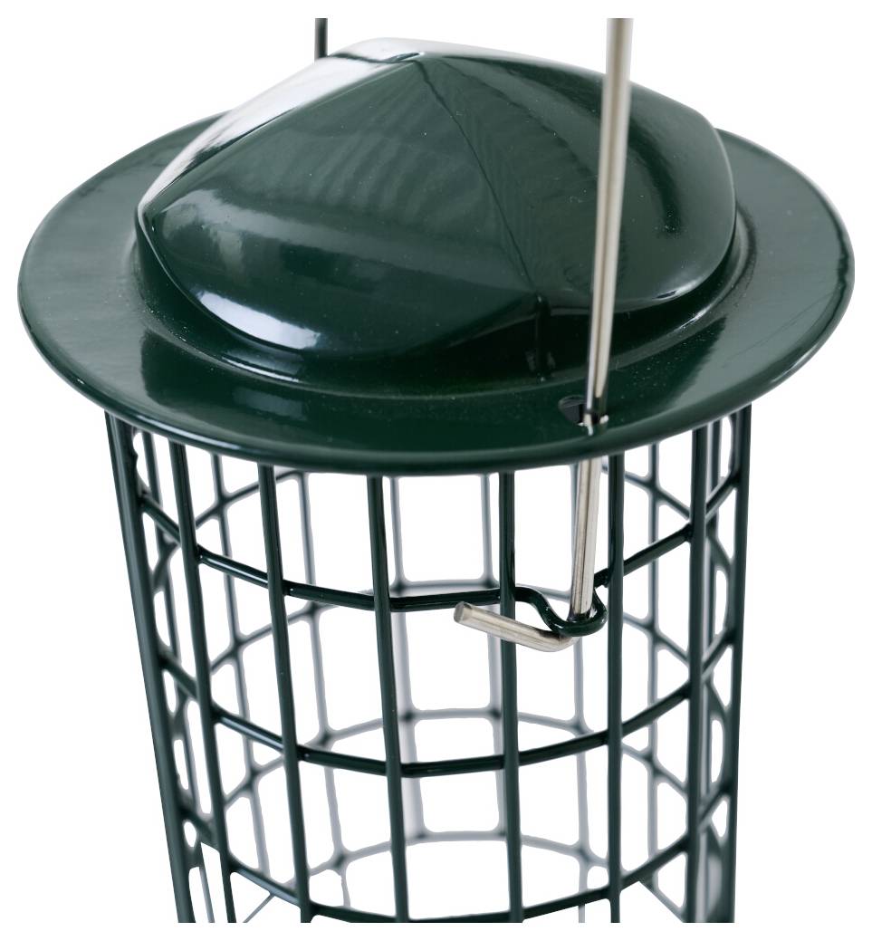 Grüner Metallvogelhaus mit Drahtgitterdesign und Aufhängehaken, bestimmt zum Halten von Vogelfutter für den Außenbereich.