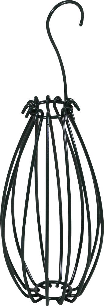 Ein schwarzer Drahtobstkorb mit einer geschwungenen Öse an der Spitze, die zum Aufhängen von Bananen entwickelt wurde und ein offenes Gitterdesign aufweist.