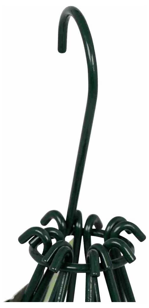 Ein dunkelgrüner, metallener Schirmständerhaken mit mehreren kreisförmigen Schleifen am unteren Ende zum Halten mehrerer Regenschirme.