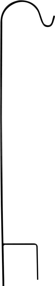 Ein schwarzer Metallpflanzenhänger mit einem geschwungenen Haken oben, entwickelt um Laternen oder hängende Pflanzen zu halten, gezeigt vor einem weißen Hintergrund.