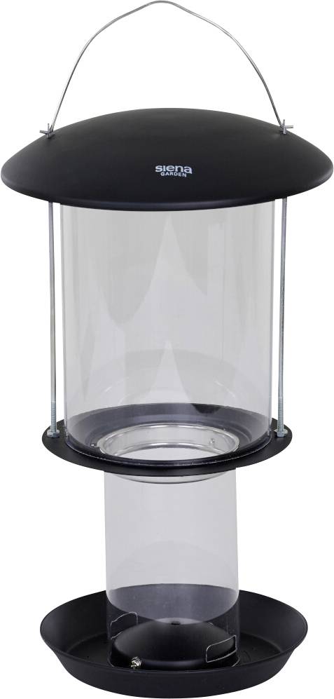 Ein schwarzer und durchsichtiger hängender Vogelfutterplatz mit runder Basis und gewölbtem Dach, designed für die Outdoor-Nutzung.