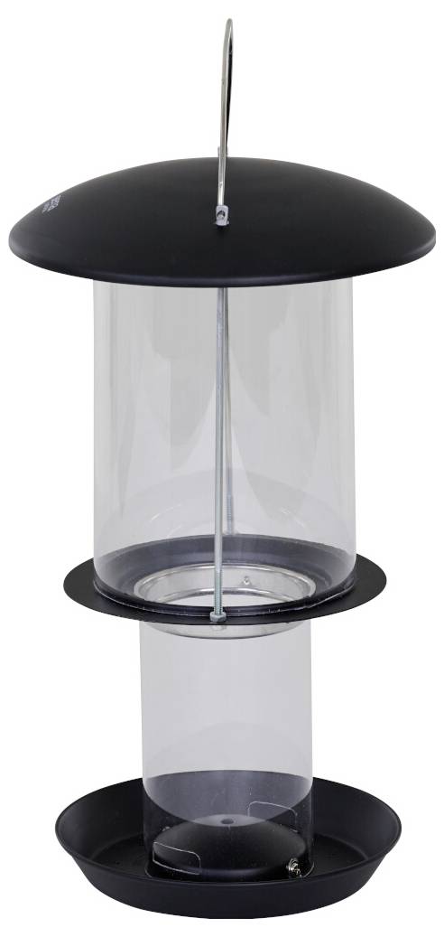 Ein zylindrischer Vogelfutterautomat aus schwarzem und klarem Kunststoff mit metallischem Griff und zwei runden Stangen, auf denen Vögel fressen können.