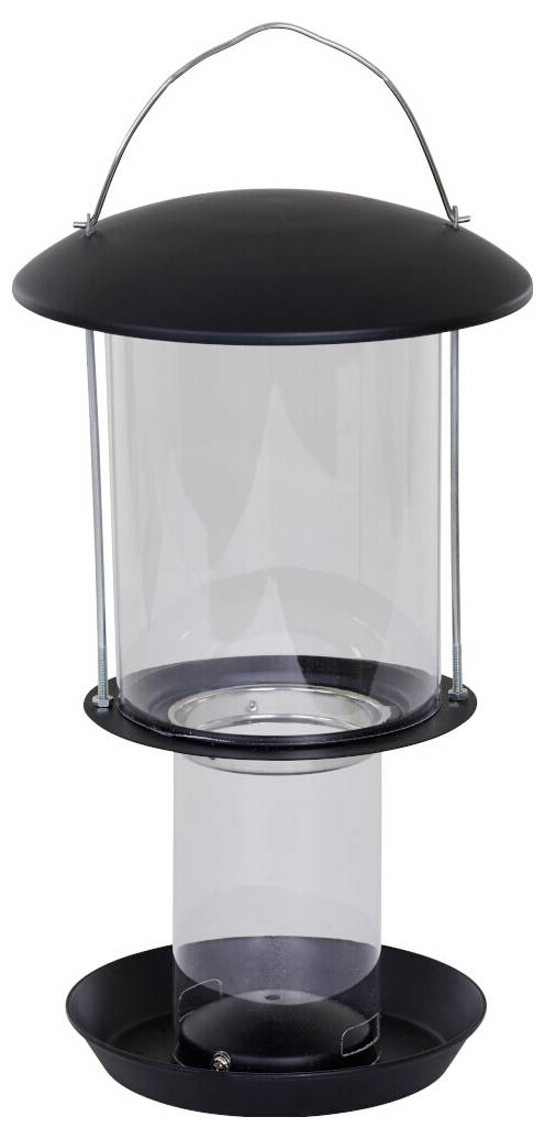 Ein zylindrischer, transparenter VogelfutterAutomat mit schwarzem Deckel und Boden, ausgestattet mit einem Drahtgriff zum Aufhängen.