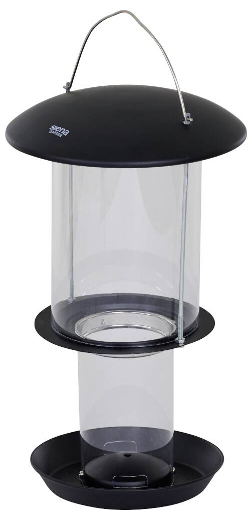 Transparenter Kunststoff-Vogelfutterhaus mit schwarzem Metalltop und -boden, ausgestattet mit einem Aufhängedraht, für die Verwendung im Freien konzipiert.