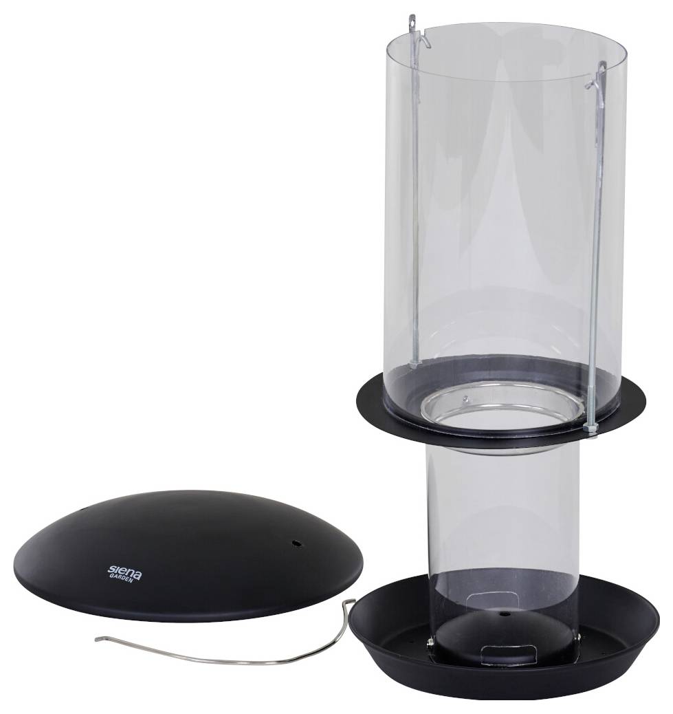 Schwarzer und transparenter Vogelfutterautomat mit abnehmbarem Deckel und Sockel, ausgestattet mit einem zentralen zylindrischen Samenbehälter und vier Futterausgängen.