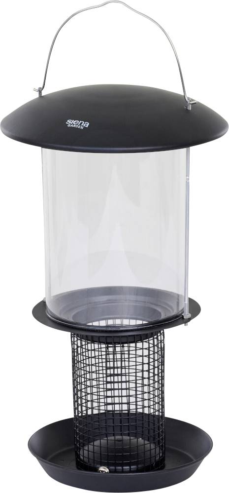 Schwarzer und transparenter Vogelfutterhaus mit Metalloberseite und -unterseite, Maschengewebe-Körper und Aufhängeöse, für die Verwendung im Freien konzipiert.