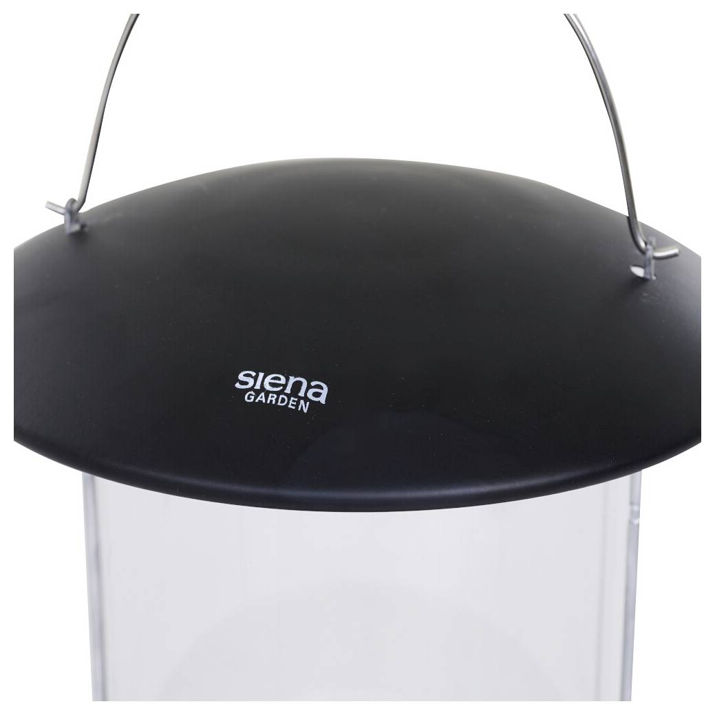 Eine schwarze, metallische, halbzylindrische Oberseite einer Siena-Gartenlaterne mit zwei Metallgriffen, entworfen für die Verwendung im Freien.