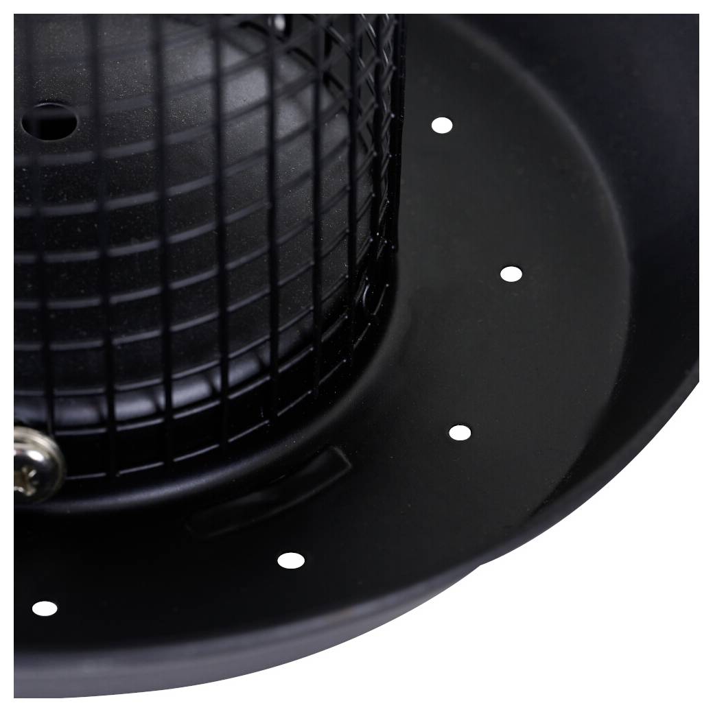 Nahaufnahme eines runden schwarzen Objekts mit einem Gittermuster in der Mitte und kleinen kreisförmigen Ausschnitten am Rand.