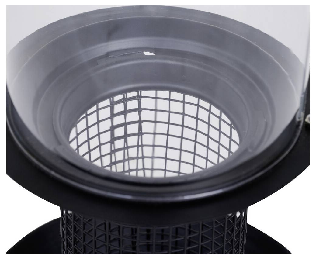 Ein schwarzer zylindrischer Netzfilter mit transparentem Kunststoffdeckel, der einen offenen Blickwinkel ins Innere zeigt.
