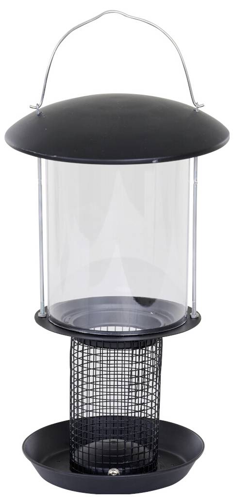 Ein schwarzer zylindrischer Vogelfutterspender mit einer Drahtgeflecht-Basis und einem durchsichtigen Kunststoffteil oben, konstruiert um Vogelfutter zu halten und im Freien aufgehängt zu werden.