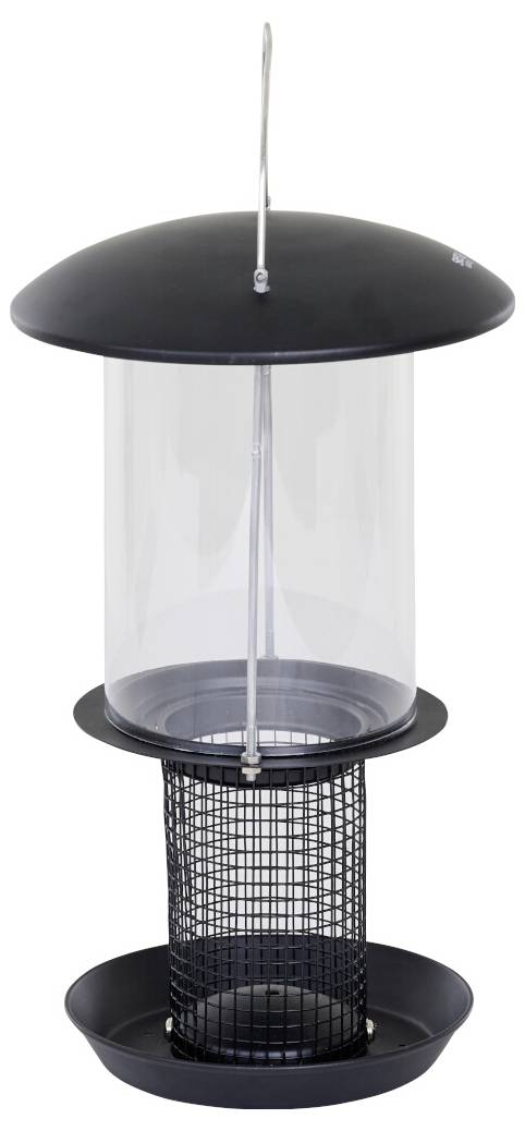 Ein zylindrischer Vogelfutterautomat mit schwarzem Metalldach und -sockel, durchsichtigem Hauptgehäuse zur Sichtbarkeit des Futters und einer Aufhängeöse oben.