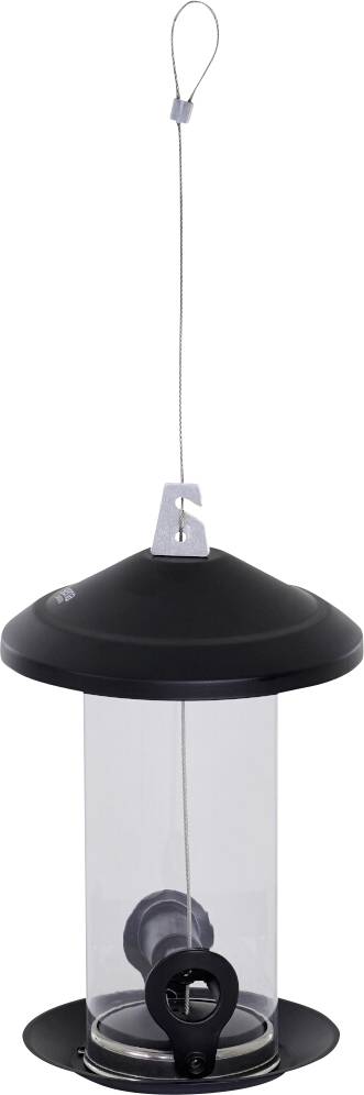 Ein transparenter Vogelfutterhaus mit schwarzer Oberseite und Basis, aufgehängt an einem Draht, konzipiert für die Verwendung im Freien.