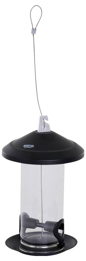 Ein zylindrischer Vogelfutterautomat mit schwarzer Oberseite und Bodenteil, Metallaufhängedraht und zwei Futterlöchern am unteren Ende.
