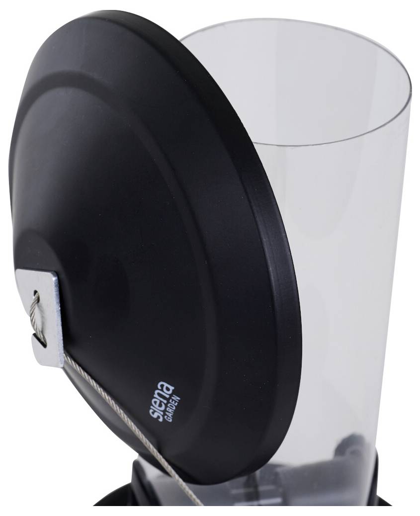 „Eine Nahaufnahme eines schwarzen Deckels, der an einem klaren Zylinder mit einer silbernen Sperre und einem Draht befestigt ist, mit der Beschriftung „siena LONDON