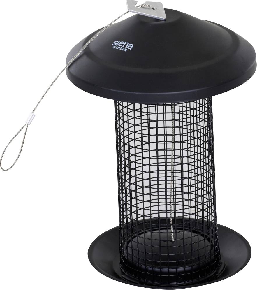 Schwarzer Metallvogelfutterautomat mit zylindrischem Maschendesign und einer geschliffenen Drahtschlaufe zum Aufhängen. Die Marke „Siena