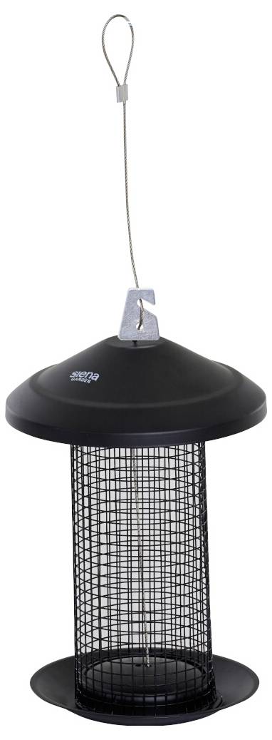 „Schwarzer Metallfutterspender für Vögel mit zylindrischem Maschendesign, oben mit einem gewölbten Deckel versehen. Er hat einen Aufhängehaken und eignet sich ideal für den Gartengebrauch.