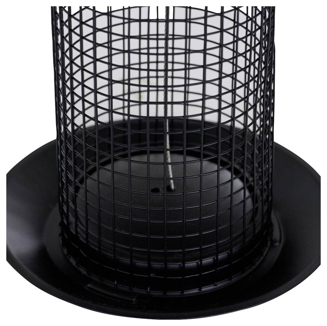 Ein schwarzes Metallgitter-Vogelfutterhaus mit kreisförmiger Basis, geeignet für die Verwendung im Freien.