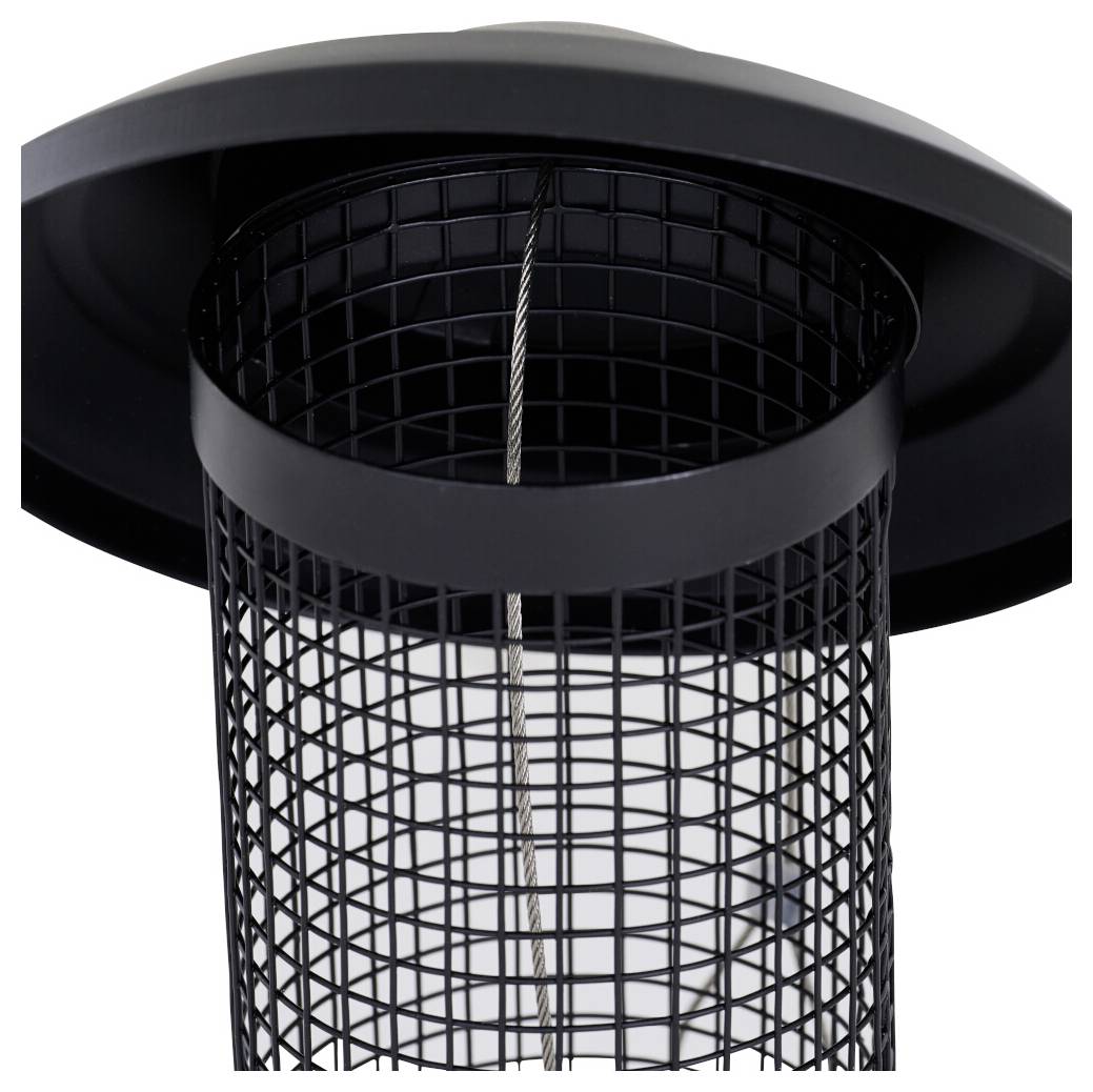 Insektenfalle mit zylindrischem Design, schwarzem Schutzgitter, das das innere Licht umgibt, und einem Aufhängehaken.