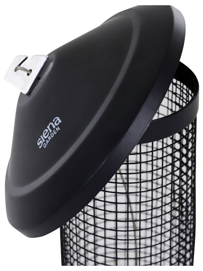 Ein schwarzer zylindrischer Garten-Vogelfutterer mit Netzkörper und Metalldeckel, mit der Bezeichnung „Siena Garden