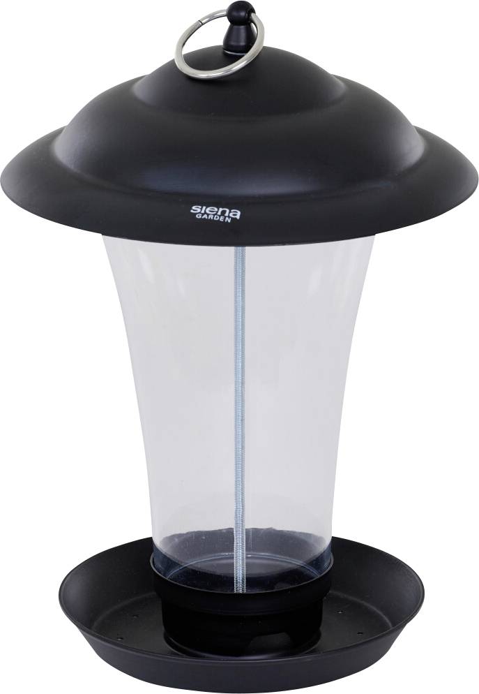 Ein schwarzer Vogelfutterautomaten mit transparentem Körper und Kuppeldach, zum Aufhängen im Freien konzipiert.