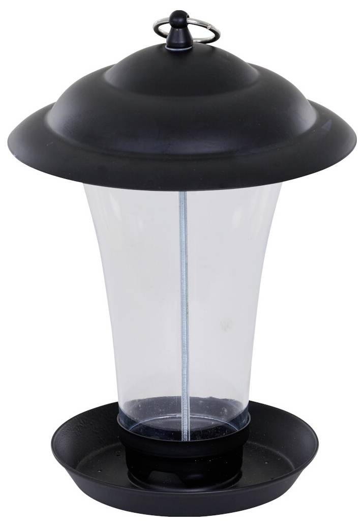 Ein schwarzer Vogelfutterbehälter mit breitem Deckel und Sockel, zum Gebrauch im Freien konzipiert, zum Aufbewahren von Samen zum Anlocken von Vögeln.