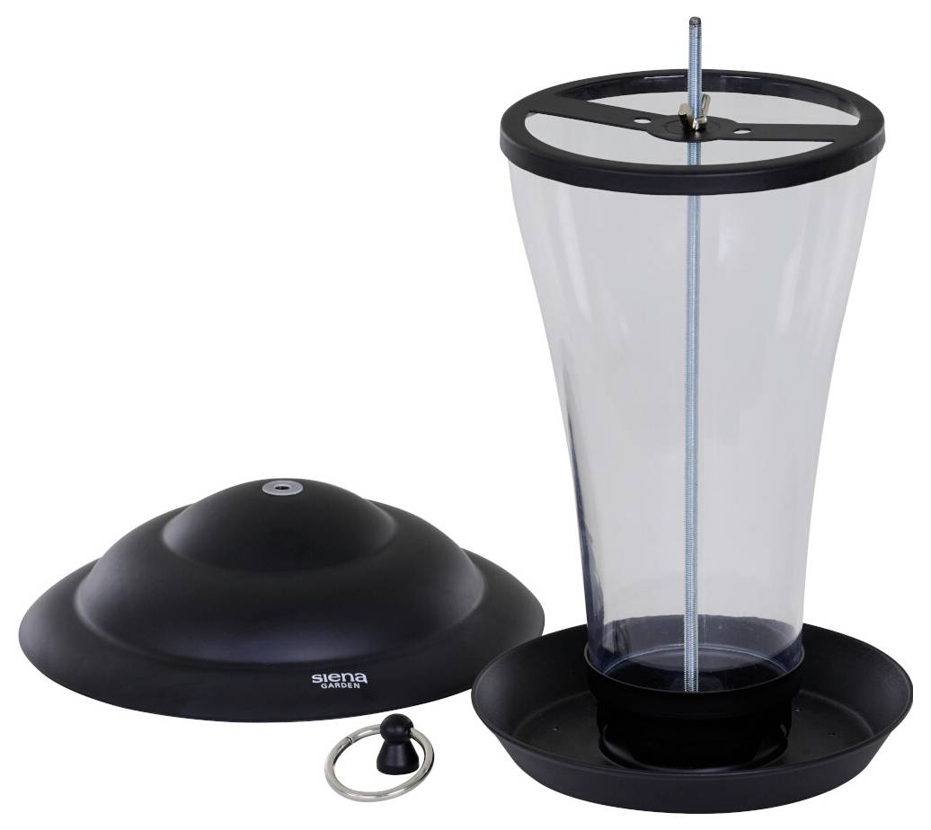 Schwarz-weißes, durchsichtiges Glasregenmessgerät und Sonnenuhr, in zwei Teile aufgeteilt, die die zerlegte Ansicht mit abnehmbarem Oberteil und Sockel zeigen.