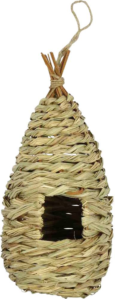 Ein geflochtenes Vogelhaus aus natürlichen Fasern mit einer Tropfenform und einem kleinen Einflugsloch in der Nähe des unteren Endes.