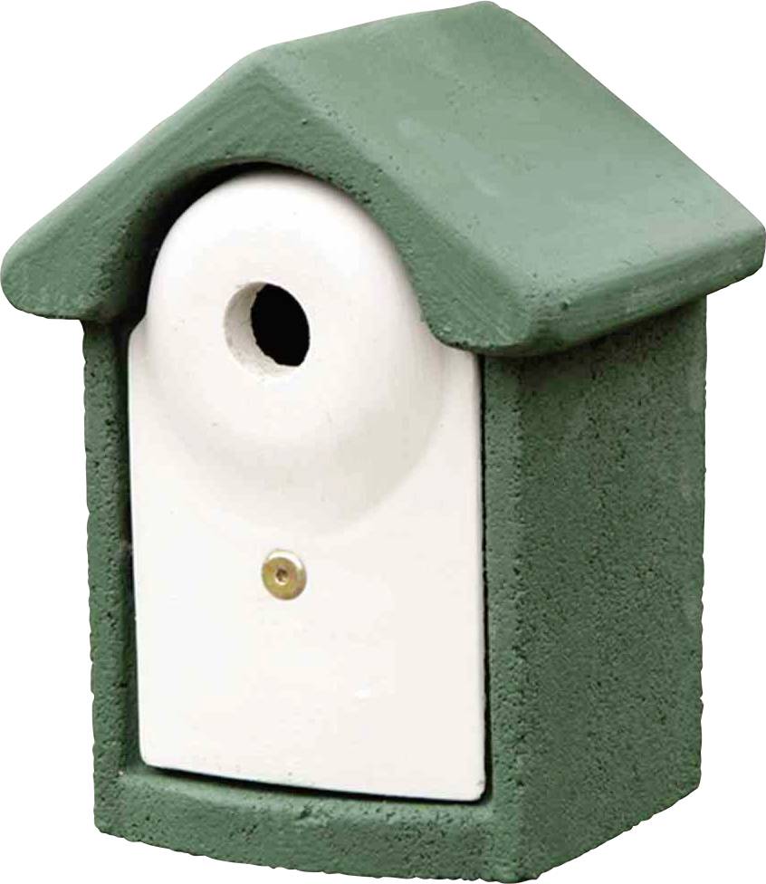 Ein grün-weißes Vogelhaus mit einem kleinen kreisförmigen Einflugsloch an der Vorderseite. Geeignet für kleine Vögel.