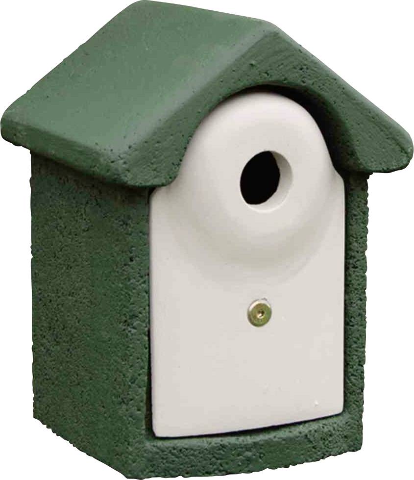 Ein Vogelhäuschen mit grünem Dach und einem Eingangsloch an der Vorderseite, entworfen für kleine Vögel. Die Außenseite hat eine strukturierte Oberflächenfinish.