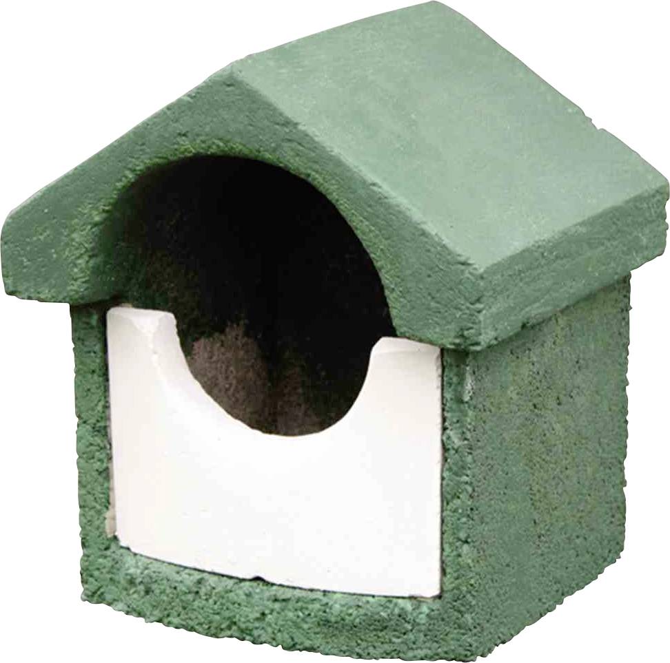 Ein kleines grün-weißes Vogelhaus mit einem halbkreisförmigen Eingang an der Vorderseite.