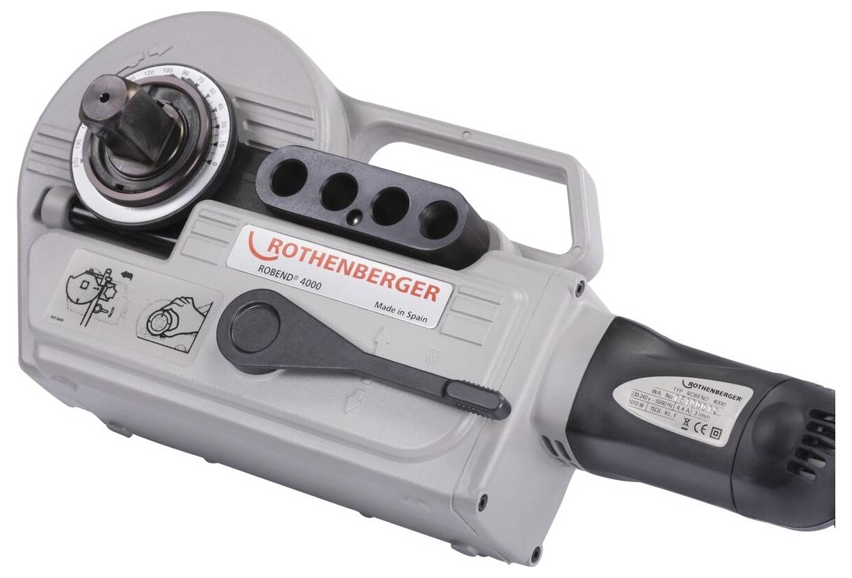 Tragbare Rothenberger Gewindeschneidmaschine mit dunklem Griff, versehen mit Modellnummer, mit Einstellknöpfen und Einstellungstabelle.