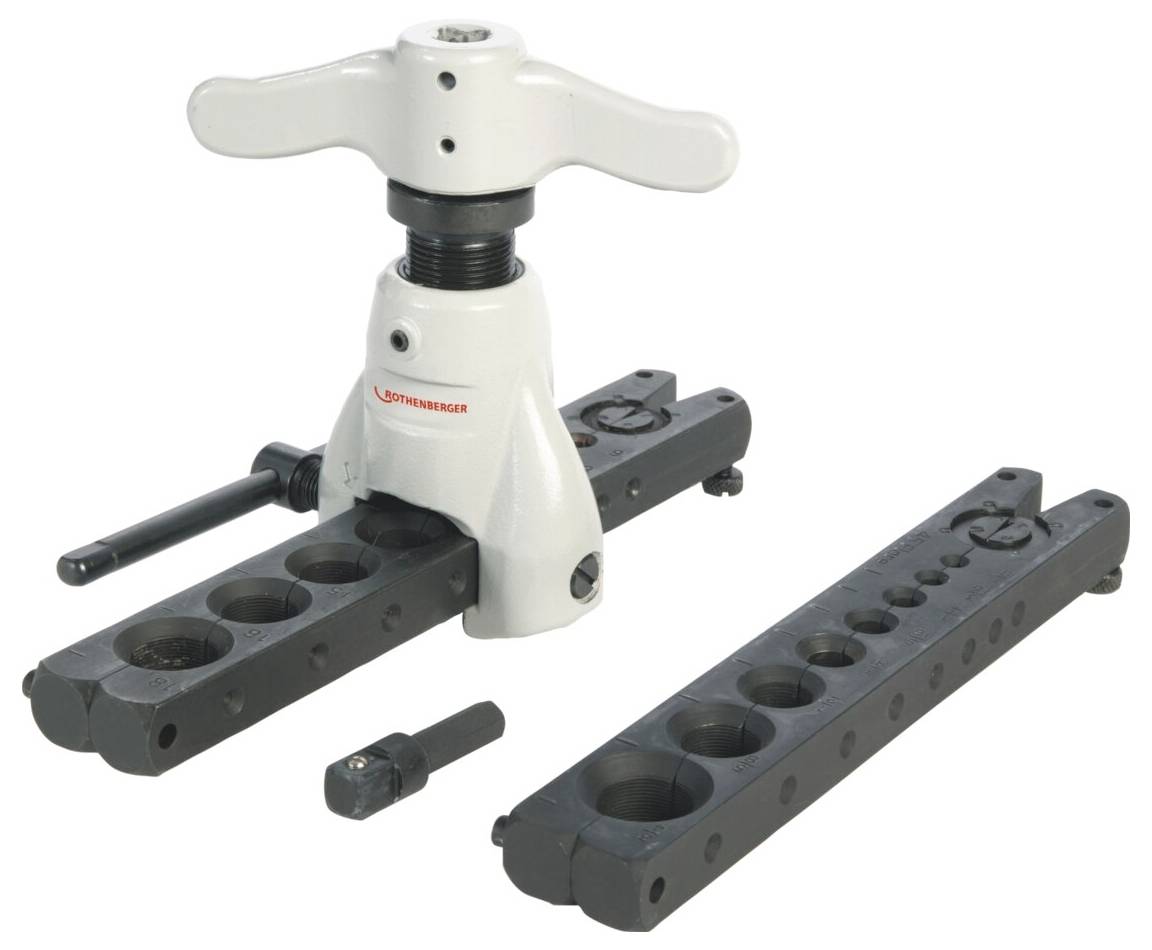 Bördelwerkzeug-Set mit weißem Griff und verstellbaren Metallstangen. Verwendet zum Formen von Rohrendungen bei Sanitär- oder HVAC-Anwendungen.