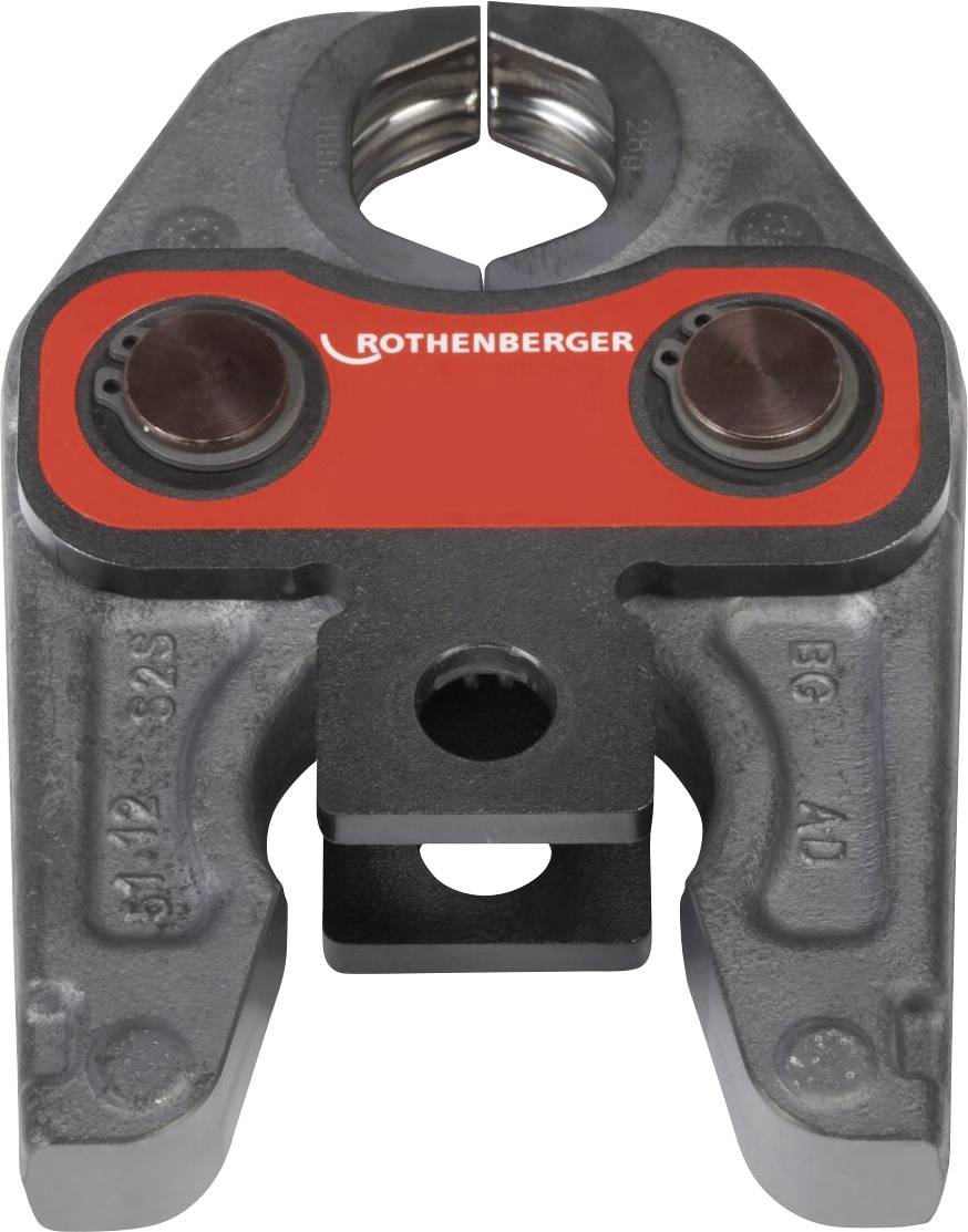 Hydraulische Pressbacke mit der Bezeichnung 'Rothenberger', die gekrümmte Öffnungen an der Oberkante aufweist und zum sicheren Verbinden von Rohren oder Fitting verwendet wird.