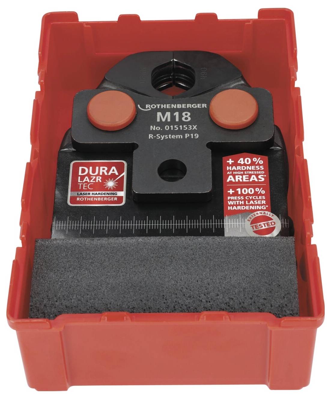 Ein Metallrohwerkzeug in einem roten Plastikgehäuse, beschriftet mit 'Rothenberger M18' mit schwarzen und roten kreisförmigen Tasten und Haltbarkeitsmerkmalen.